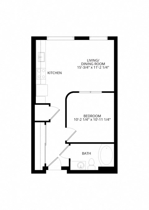 Floor plan for 1 bed, 1 bath, 543 sqft